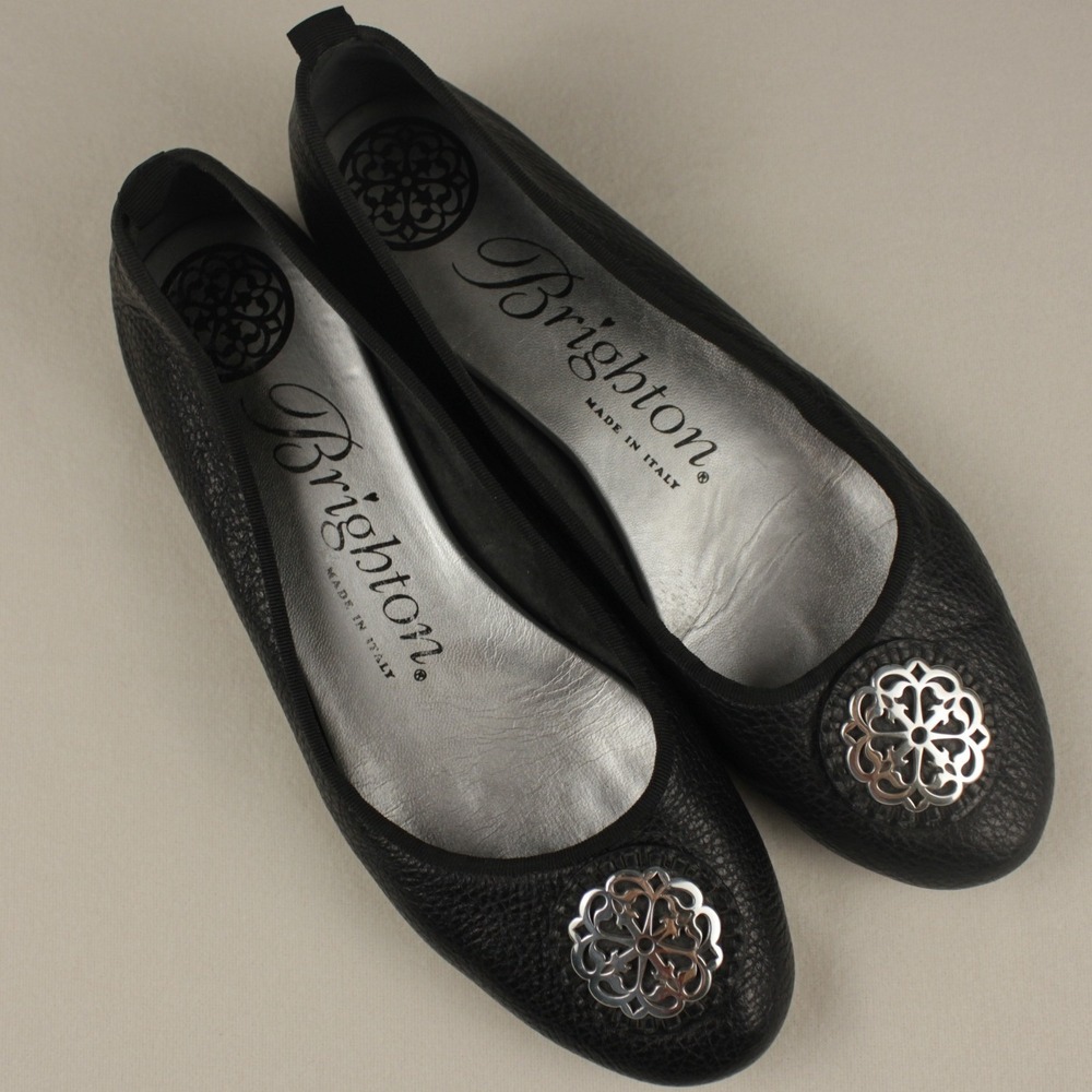 Brighton Aleta Black Leather Ballet Flats Womens 9.5 Medallion Italy Comfort